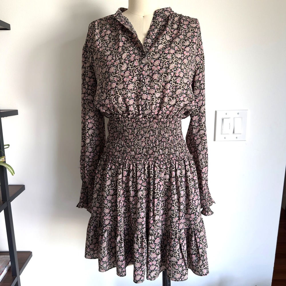 LA‎ VIE Rebecca Taylor Shirred Waist Long Sleeve Floral Chiffon Dress-Size XS